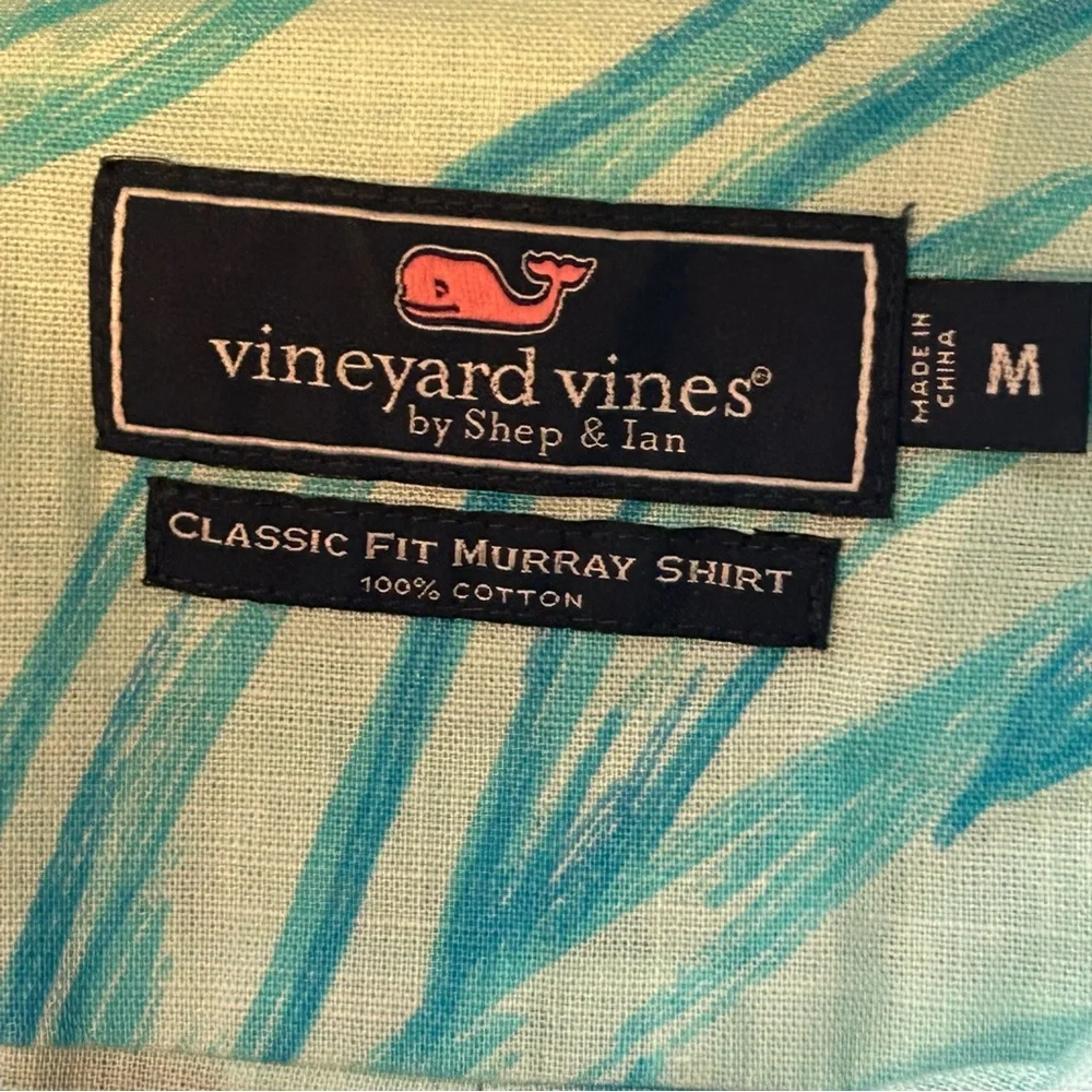 Vineyard Vines Murray Shirt Men Medium Short Sleeve Seaweed Print White Blue EUC